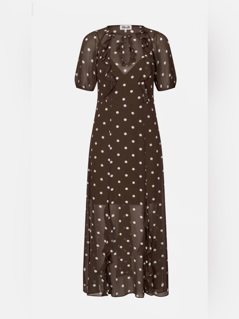 Polka Dot Ruffle Midi Dress in Brown - Picture 3 of 4